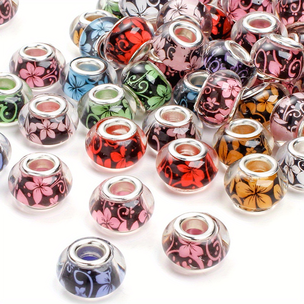 9x14mm Floral Print Acrylic Beads Clear Big Hole Assortment for Jewelry Making